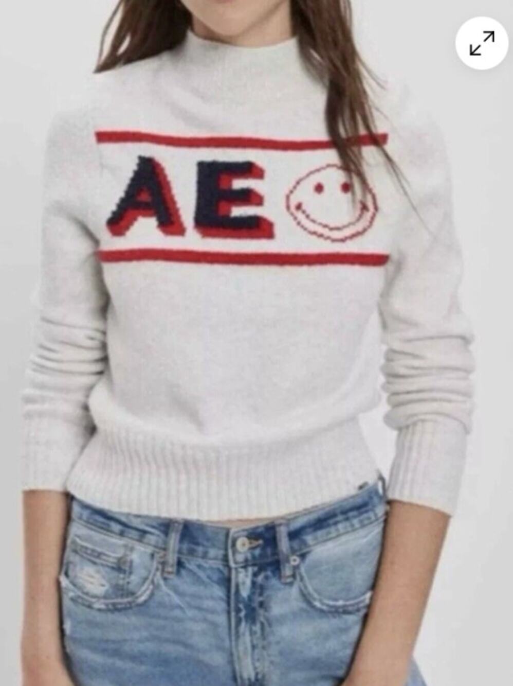American Eagle AE Smiley Mock Neck Knit Sweater light gray red blue XS NWT